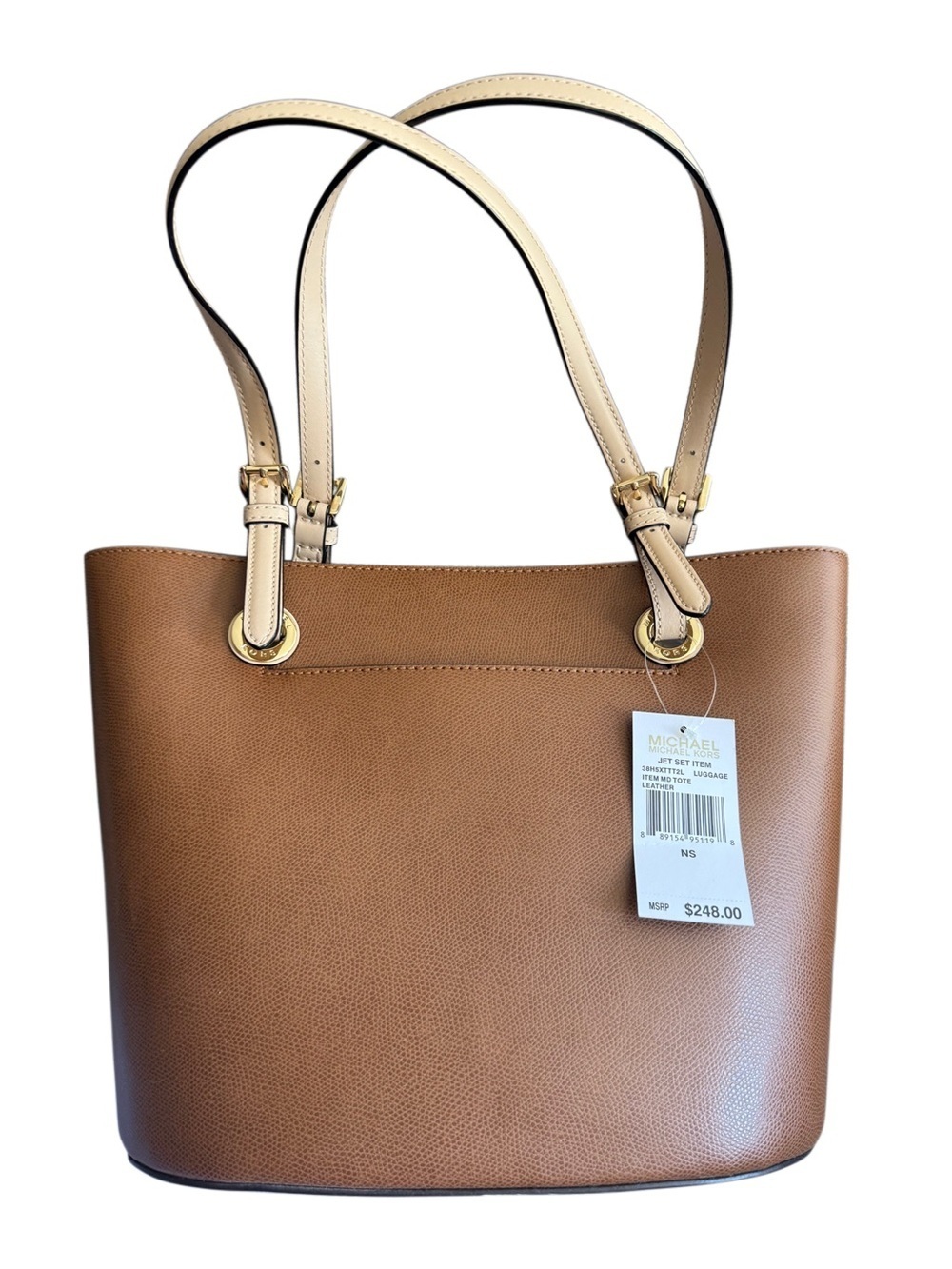 NWT$248 Michael Kors Brown Mid-Size Leather Tote Pale Tan Straps Career Travel
